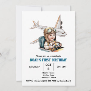 Boys Cute Airplane Travel Kids Birthday Watercolor Invitation