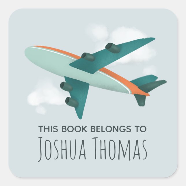 Boys Cute Airplane Travel Kids School Bookplate (Front)