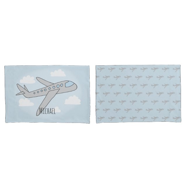 Boys Cute Airplane Travel with Name Pillow Case (Front-Set)