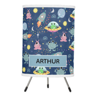 Boys Cute Alien Space Pattern & Name Kids Nursery Tripod Lamp