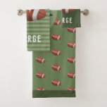 Boys Cute American Football Sports Kids Bath Towel Set<br><div class="desc">This cute and modern kids bath towel set features an American football cartoon pattern,  with green stripes. The towel set can be personalized with your boys name and monogram. Perfect for any sports lover,  great for toddlers and older children!</div>