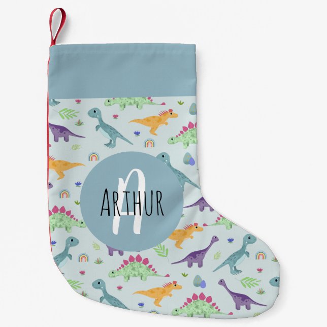 Boys Cute and Fun Blue Dinosaur Pattern Kids Small Christmas Stocking (Front)