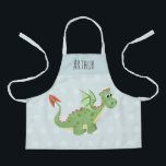 Boys Cute and Magical Green Dragon Kids Apron<br><div class="desc">This cute and fun kids apron features a green dragon cartoon with a blue background and spots,  and can be personalized with your boys name. The perfect magical dragon-themed gift for your toddler or child!</div>