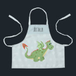 Boys Cute and Magical Green Dragon Kids Apron<br><div class="desc">This cute and fun kids apron features a green dragon cartoon with a blue background and spots,  and can be personalized with your boys name. The perfect magical dragon-themed gift for your toddler or child!</div>