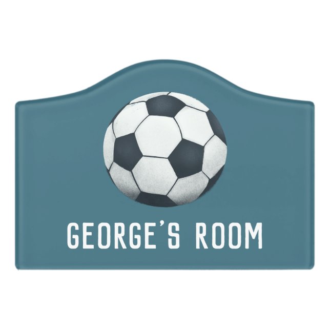 Boys Cute and Modern Blue Soccer Sports Kids Door Sign (Small Crest Front)