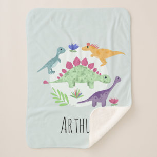 Boys Cute and Modern Blue T-Rex Dinosaurs Kids Sherpa Blanket