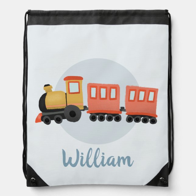 Boys Cute and Modern Blue Train Travel Kids Drawstring Bag (Front)