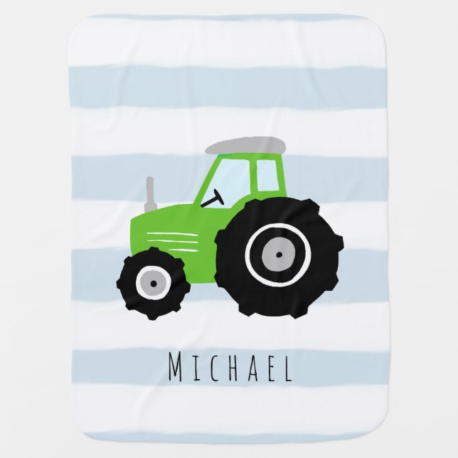 Boys Cute and Modern Green Farm Tractor Baby Blanket (Front)