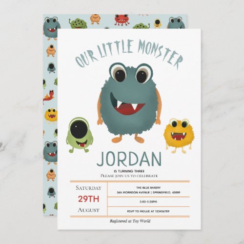 Boys Cute and Modern Monster Kids Birthday Party Invitation
