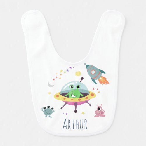 Boys Cute and Modern Space Alien and Rocket Baby Bib