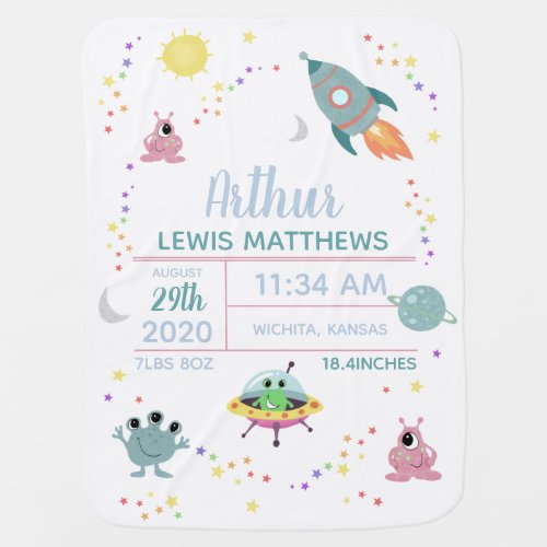 Boys Cute and Modern Space Alien Birth Stats  Baby Blanket