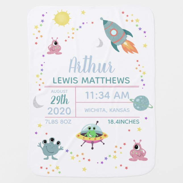 Boys Cute and Modern Space Alien Birth Stats  Baby Blanket (Front)