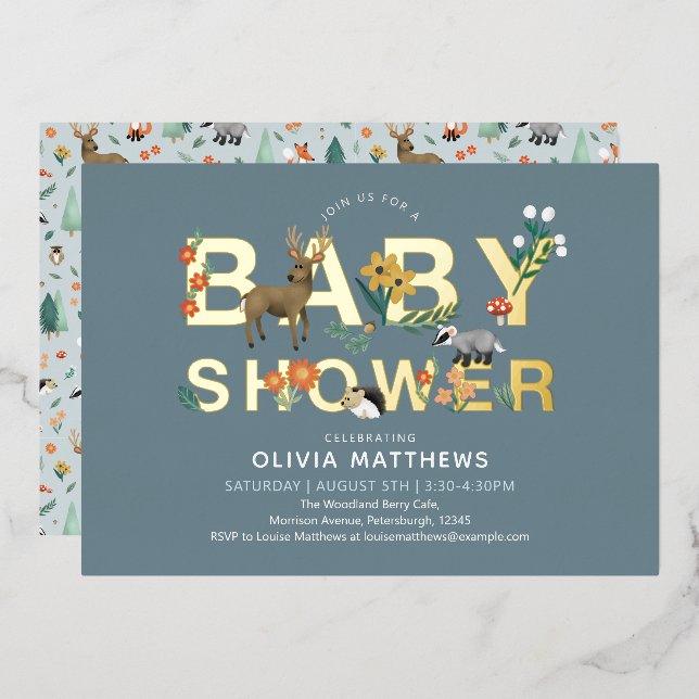 Boys Cute and Modern Woodland Animals Baby Shower Foil Invitation (Front/Back)