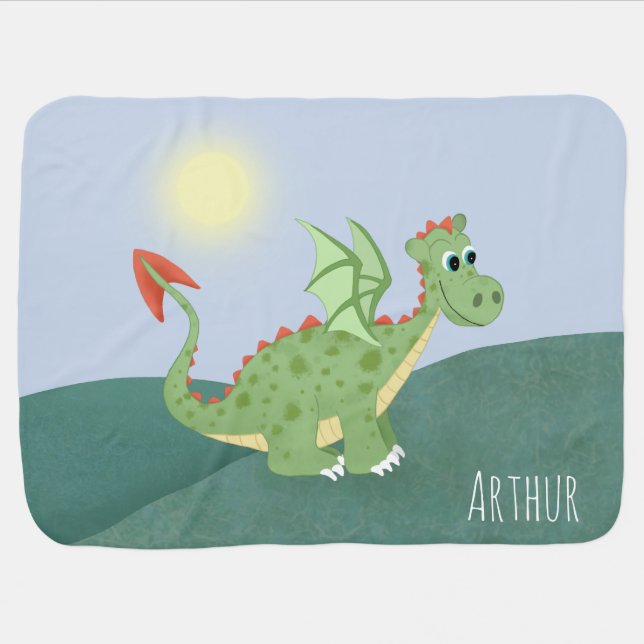 Boys Cute and Unique Green Dragon and Name Baby Blanket (Horizontal)