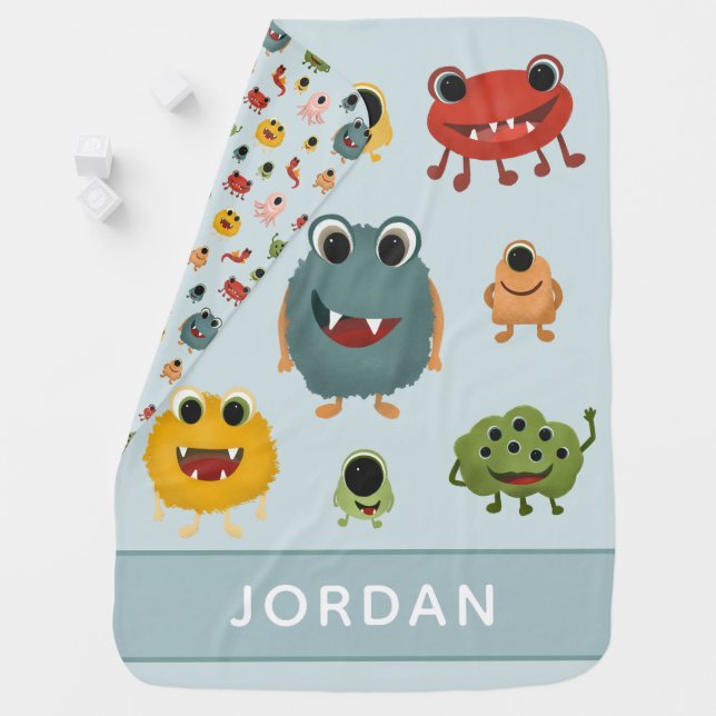 Boys Cute and Whimsical Blue Monster Alien Baby Blanket (In Situ)