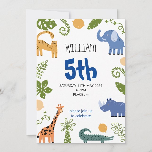 Boys cute animal Kids Birthday Invitation card (Front)