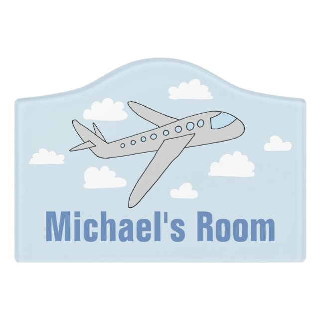 Boys Cute Blue Airplane Cartoon Kids Nursery Door Sign (Small Crest Front)