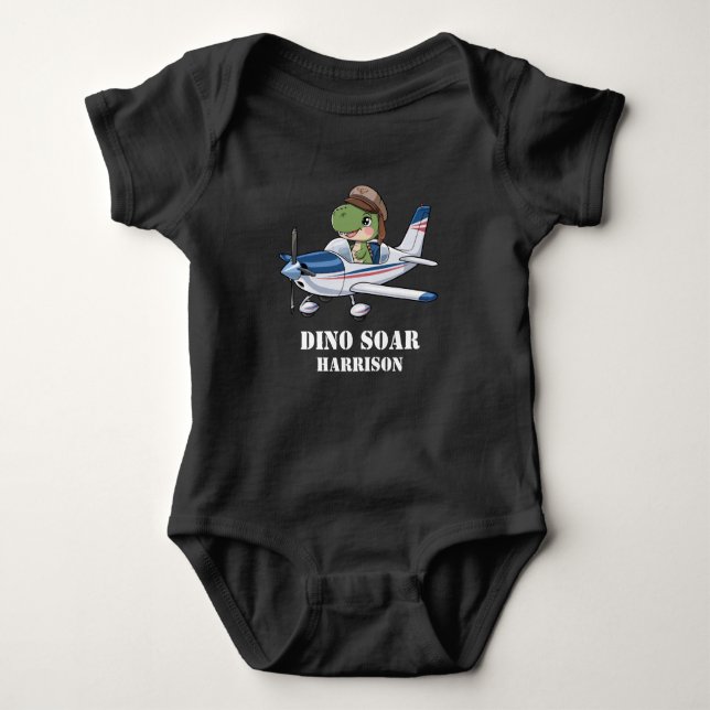 Boys Cute Blue Airplane Dinosaur Kids 1st Birthday Baby Bodysuit (Front)