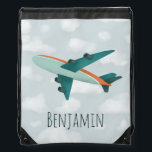 Boys Cute Blue Airplane Kids School Drawstring Bag<br><div class="desc">This cute and modern kids drawstring bag design features a blue and orange airplane with a background of blue sky and clouds, and can be personalized with your boy's name. Perfect for an aeroplane and travel-loving kid, perfect for school or preschool! Check out our store for other cute transport designs....</div>