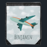 Boys Cute Blue Airplane Kids School Drawstring Bag<br><div class="desc">This cute and modern kids drawstring bag design features a blue and orange airplane with a background of blue sky and clouds, and can be personalized with your boy's name. Perfect for an aeroplane and travel-loving kid, perfect for school or preschool! Check out our store for other cute transport designs....</div>
