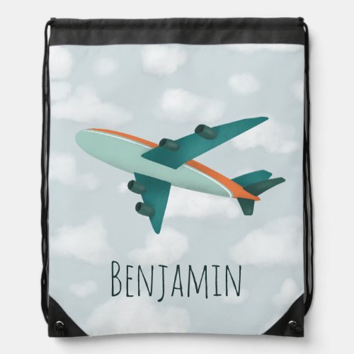 Boys Cute Blue Airplane Kids School Drawstring Bag
