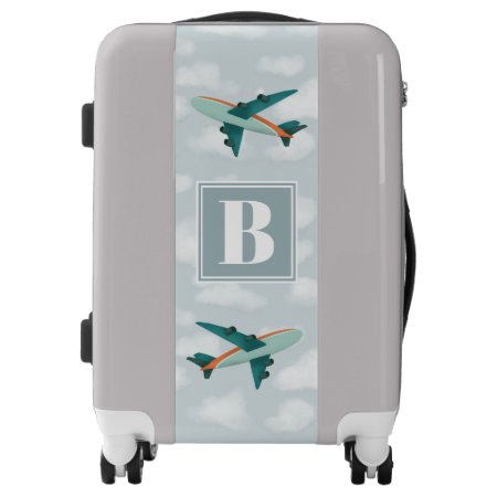 Boys Cute Blue Airplane Monogram Kids Luggage