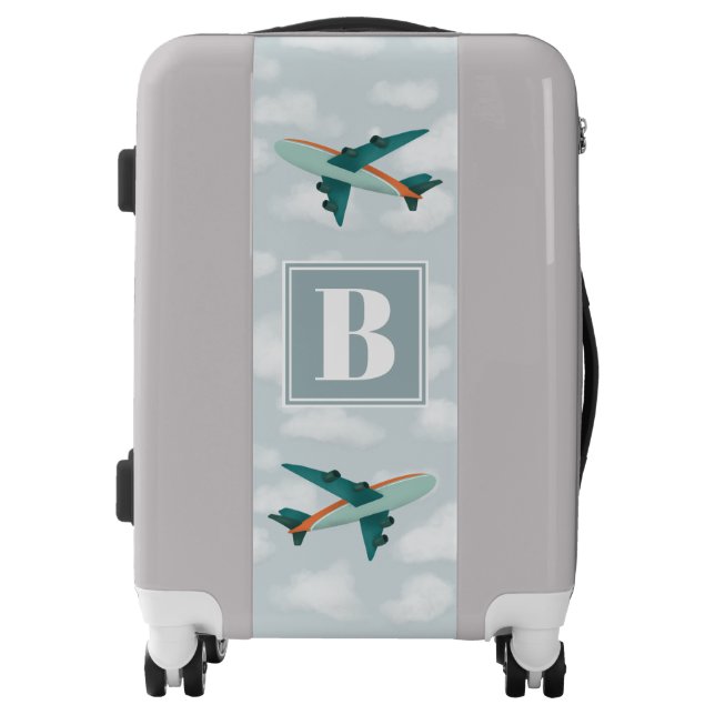 Boys Cute Blue Airplane Monogram Kids Luggage (Front)