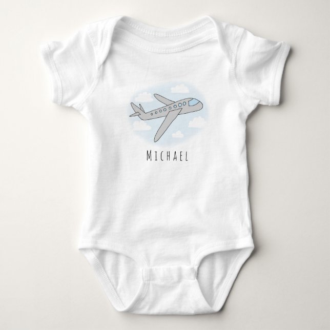 Boy's Cute Blue Airplane Transport Design and Name Baby Bodysuit (Front)