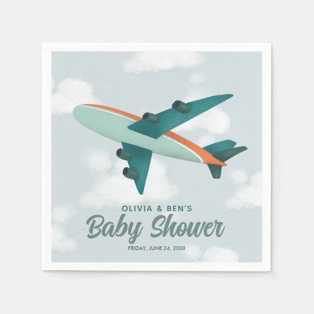 Boys Cute Blue Airplane Travel Baby Shower Napkins (Front)