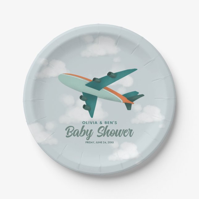 Boys Cute Blue Airplane Travel Baby Shower Paper Plates (Front)