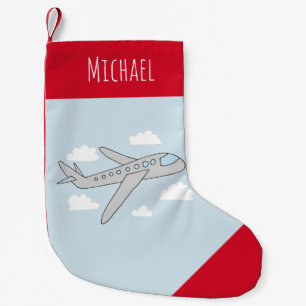 Boys Cute Blue Airplane Travel Design and Name Small Christmas Stocking