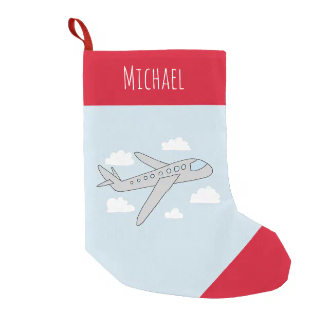 Boys Cute Blue Airplane Travel Design and Name Small Christmas Stocking