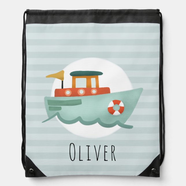  Boys Cute Blue Boat Kids School Drawstring Bag (Front)