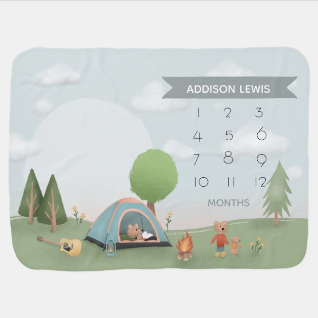 Boys Cute Blue Campfire Forest Bear Camping Baby Blanket (Horizontal)