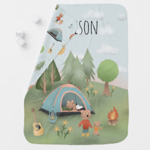 Boys Cute Blue Campfire Forest Bear Camping Baby Blanket