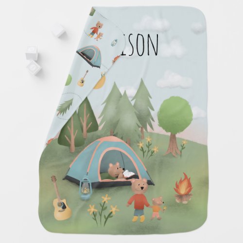 Boys Cute Blue Campfire Forest Bear Camping Baby Blanket