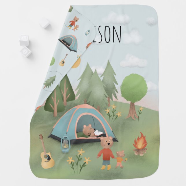 Boys Cute Blue Campfire Forest Bear Camping Baby Blanket (In Situ)