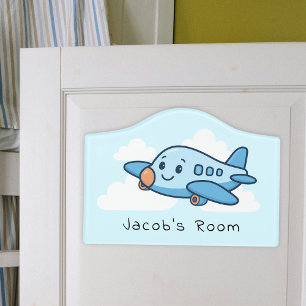 Boys Cute Blue Cartoon Airplane Clouds & Name Kids Door Sign