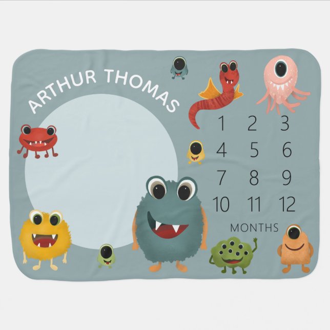 Boys Cute Blue Colorful Monster Alien Milestone Baby Blanket (Horizontal)