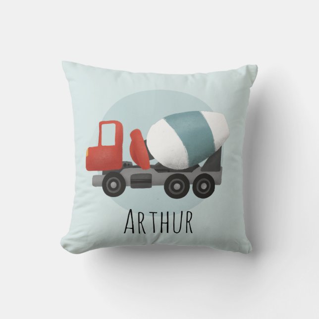 Boys Cute Blue Construction Cement Mixer Kids Throw Pillow (Front)