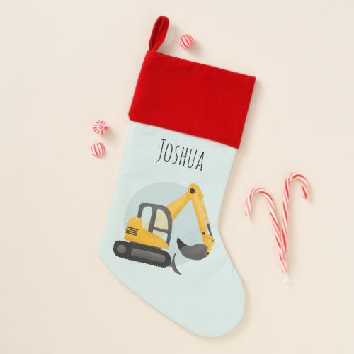 Boys Cute Blue Construction Digger and Name Kids Christmas Stocking