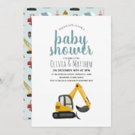 Boys Cute Blue Construction Digger Baby Shower Invitation