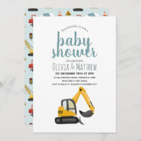 Boys Cute Blue Construction Digger Baby Shower Invitation