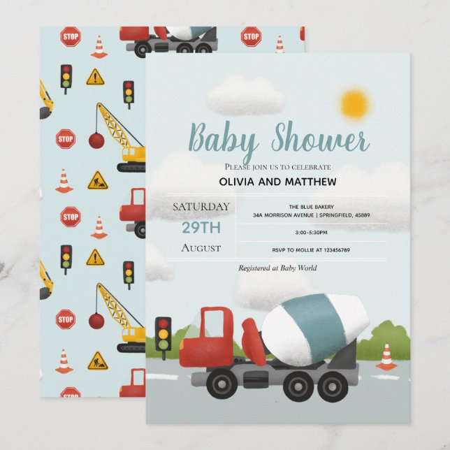 Boys Cute Blue Construction Transport Baby Shower Invitation (Front/Back)