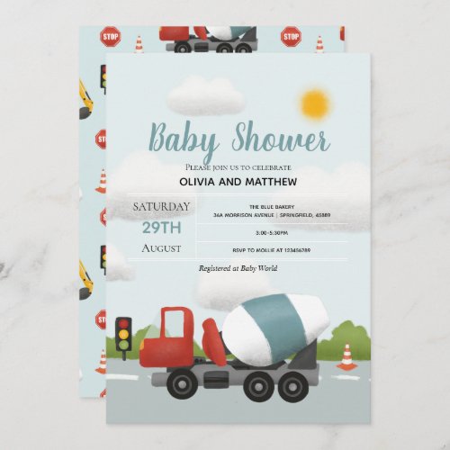 Boys Cute Blue Construction Transport Baby Shower Invitation