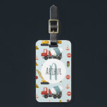 Boys Cute Blue Construction Transport Name Kids Luggage Tag<br><div class="desc">This cute and modern blue custom kids luggage tag design features a blue construction transport pattern, with a yellow digger, cement mixer, crane, and road signs. There is also space for you to add your boys name and monogram in a beautiful font. The perfect construction-themed gift for your little builder!...</div>