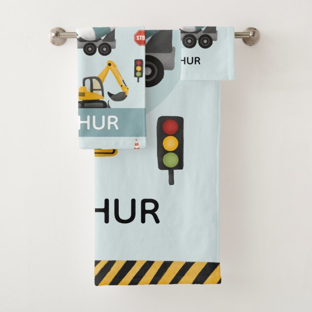 Boys Cute Blue Digger Construction Pattern Kids Bath Towel Set (Insitu)