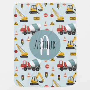 Boys Cute Blue Digger Construction Pattern & Name Baby Blanket