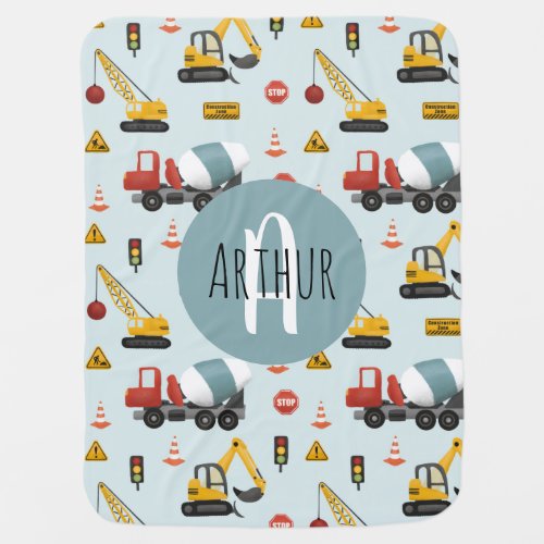Boys Cute Blue Digger Construction Pattern & Name 