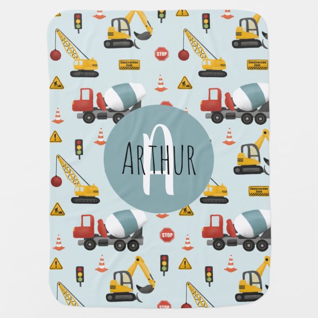 Boys Cute Blue Digger Construction Pattern & Name  Baby Blanket (Front)